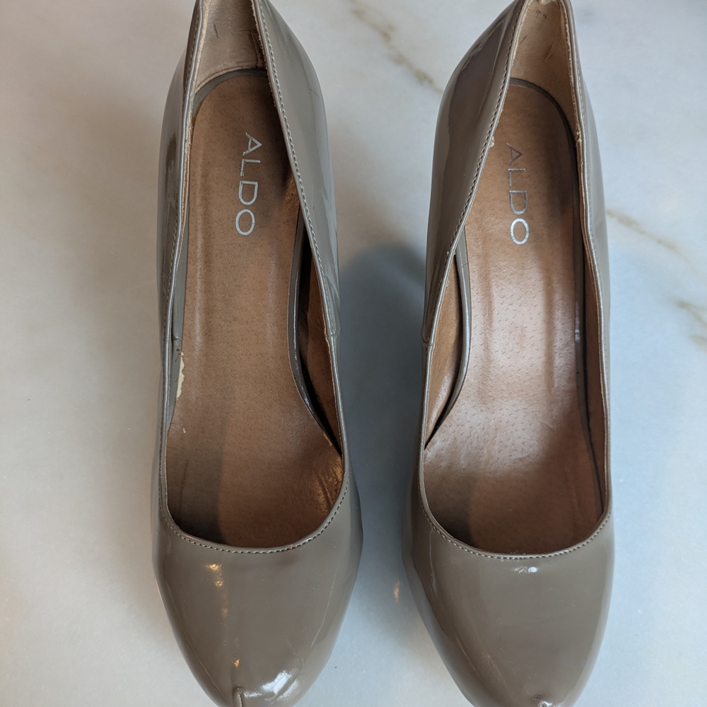 Aldo Patent Taupe Hidden Platform Heels